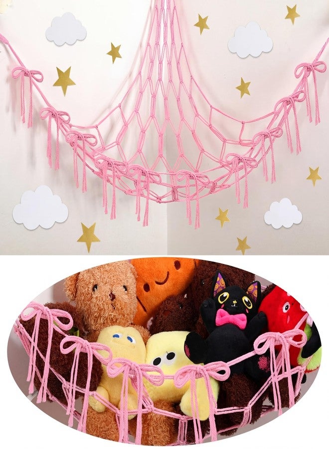 Ribbonlic Pink Bow Stuffed Animal Storage Hammock Net Pink Christmas Bow Room Decor for Youth Cute Stuffed Animal Net Corner Plushie Organizer Boho Coquette Nursery Dorm Bedroom Decor Aesthetic - Image 1